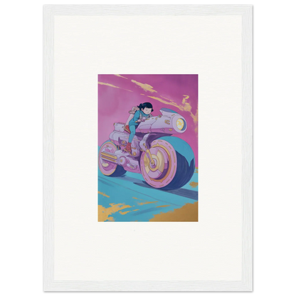 Futuristic motorcycle rider in purple and blue, perfect for Chican Derby room decor