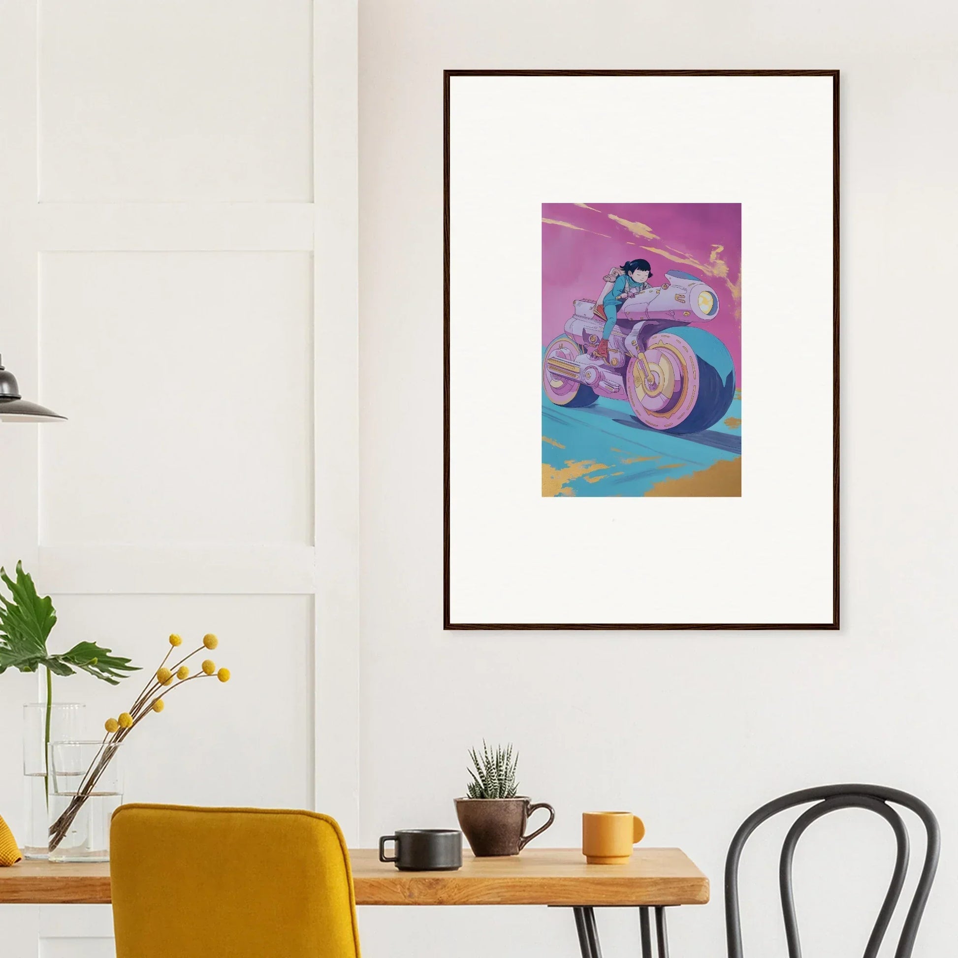 Framed wall art of a colorful futuristic motorcycle for Chican Derby room decor