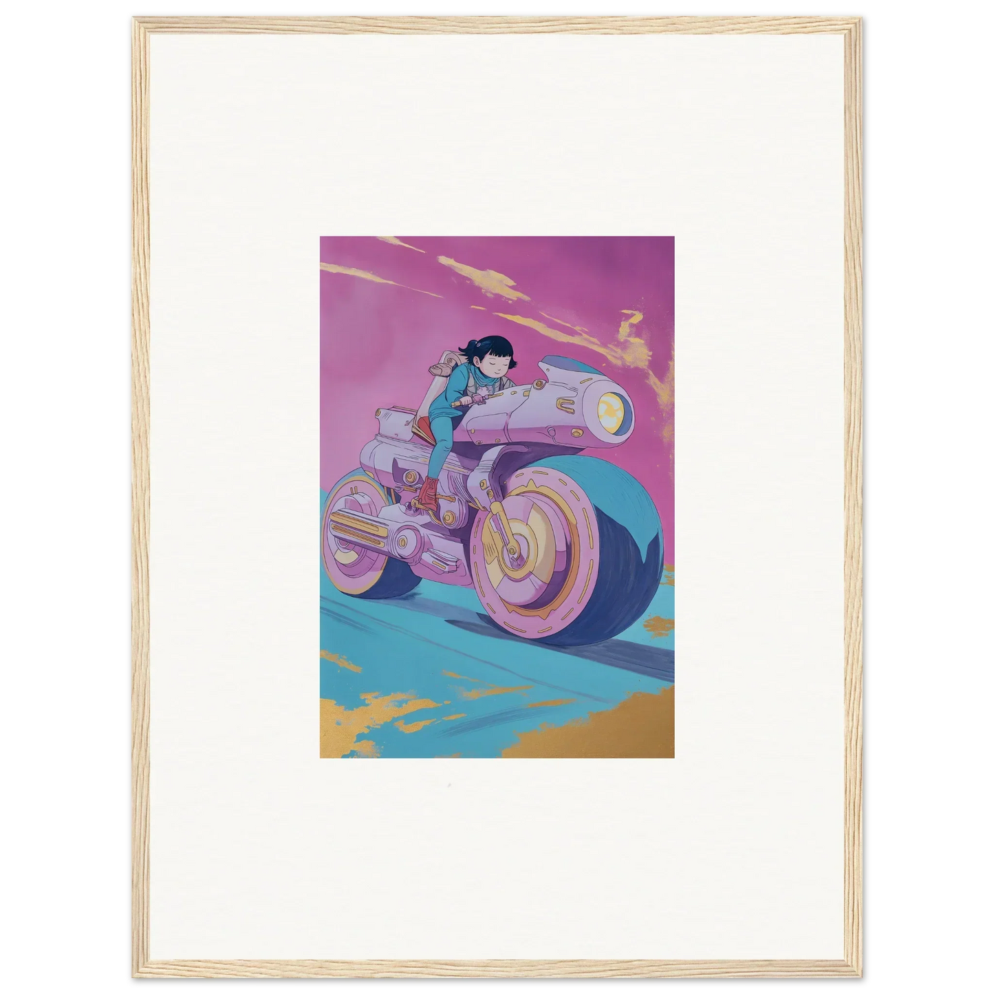 Stylized illustration of a person on a futuristic motorcycle for Chican Derby room decor