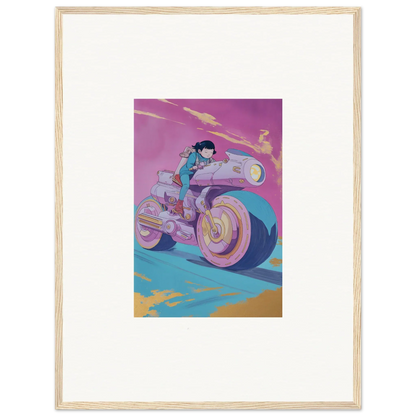 Stylized illustration of a person on a futuristic motorcycle for Chican Derby room decor