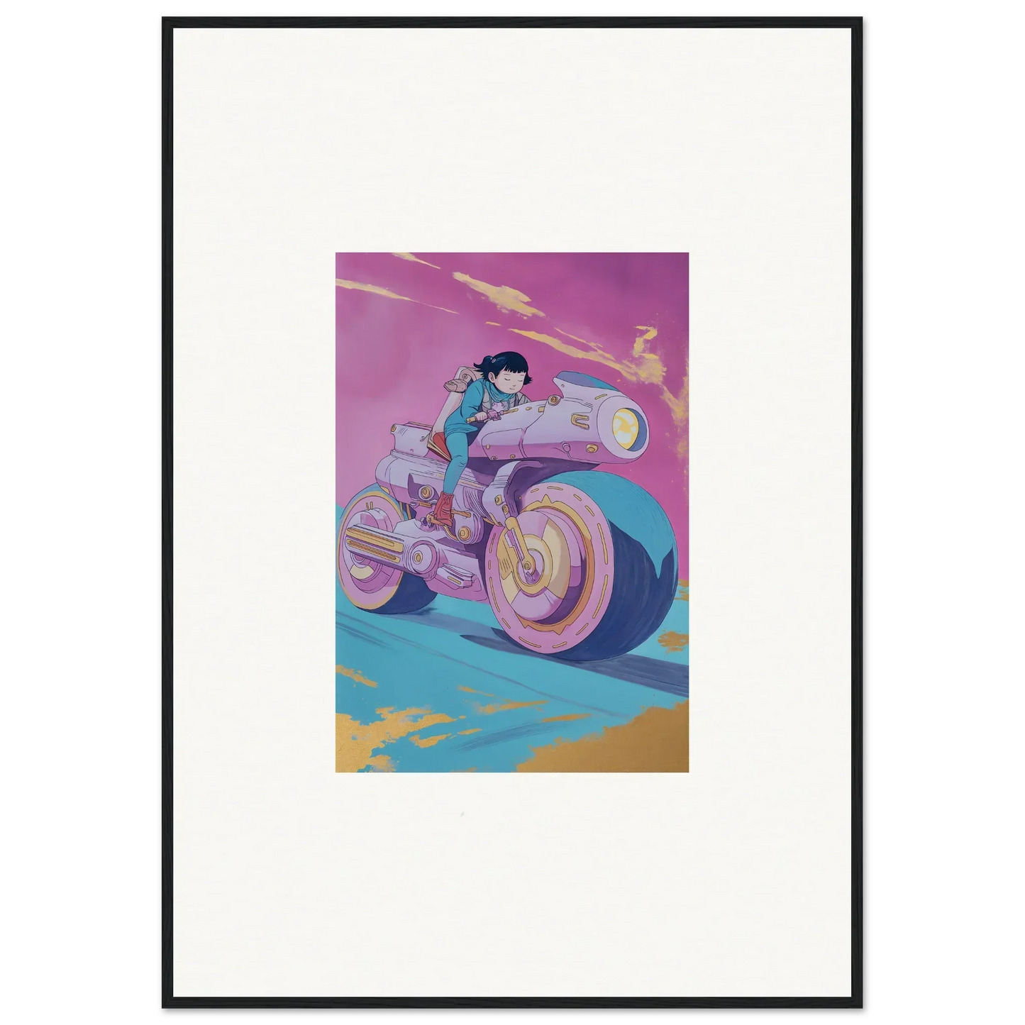 Futuristic motorcycle with rider in vibrant colors for Chican Derby wall art decor