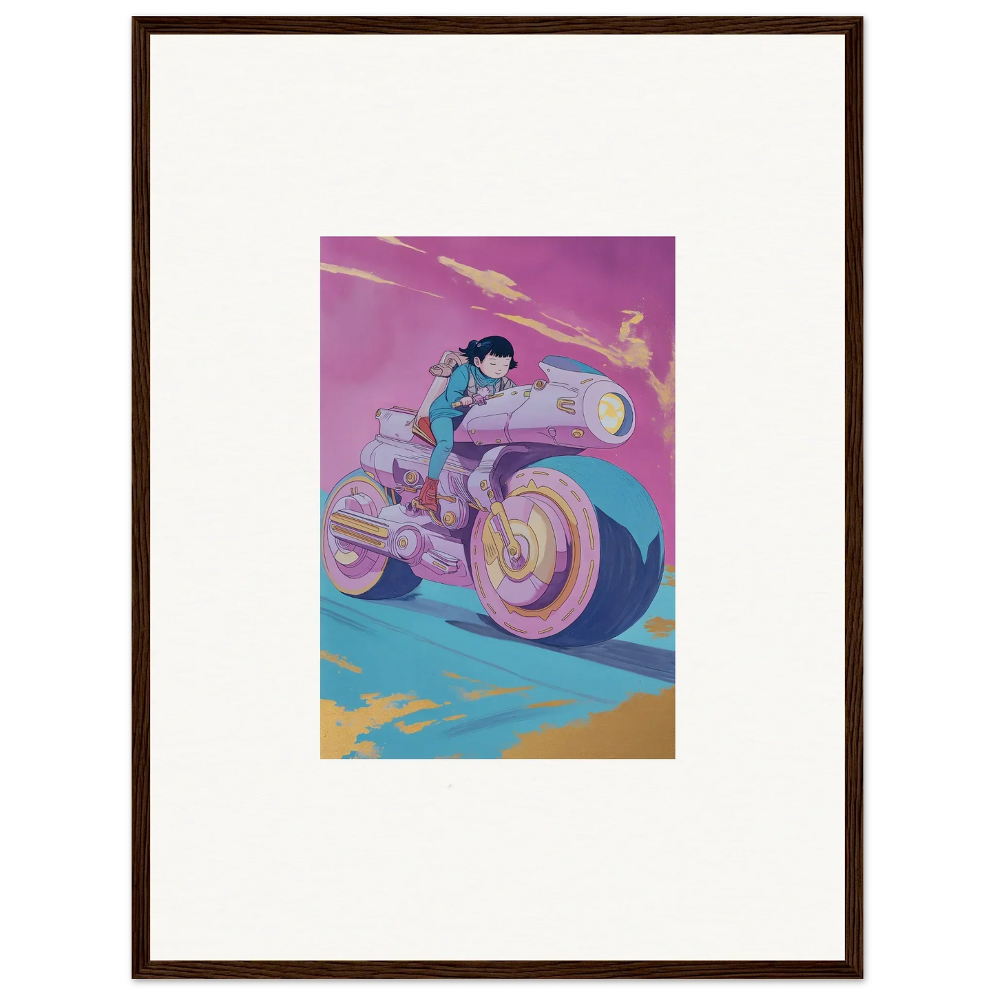 Stylized illustration of a person riding a futuristic motorcycle for Chican Derby wall art