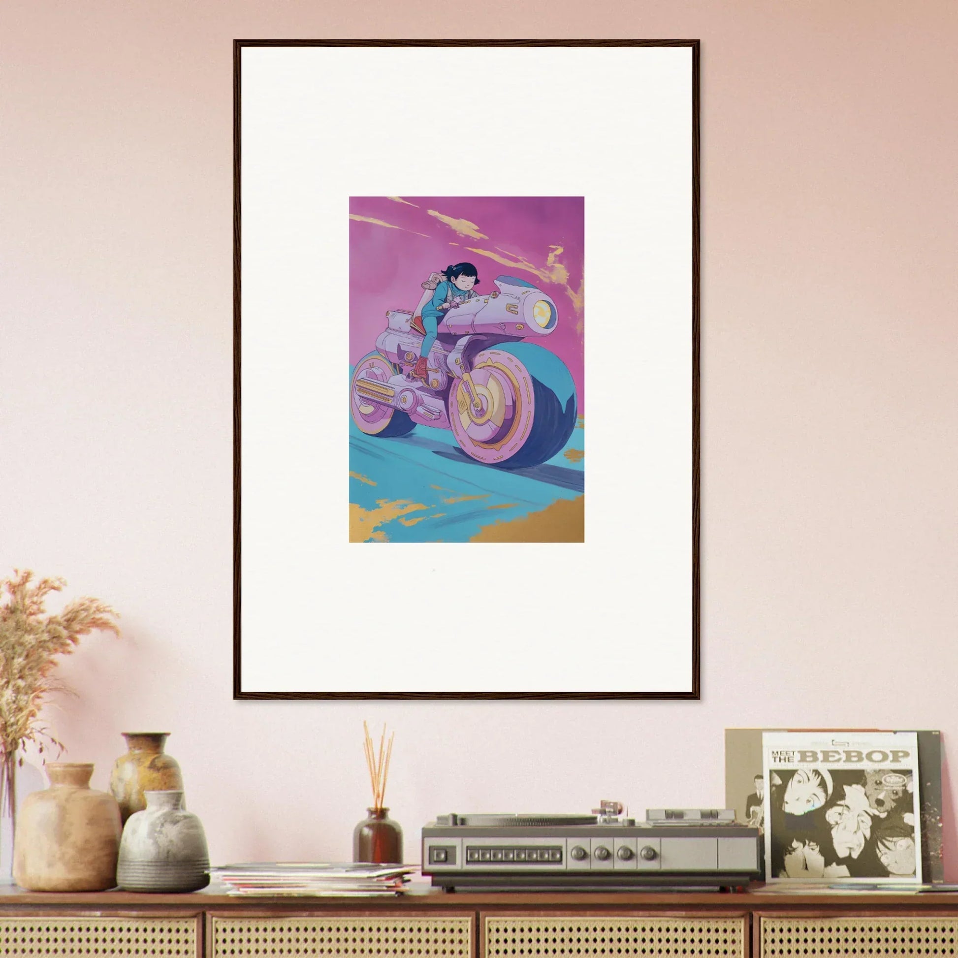 Framed wall art of a stylized motorcyclist for Chican Derby room decor