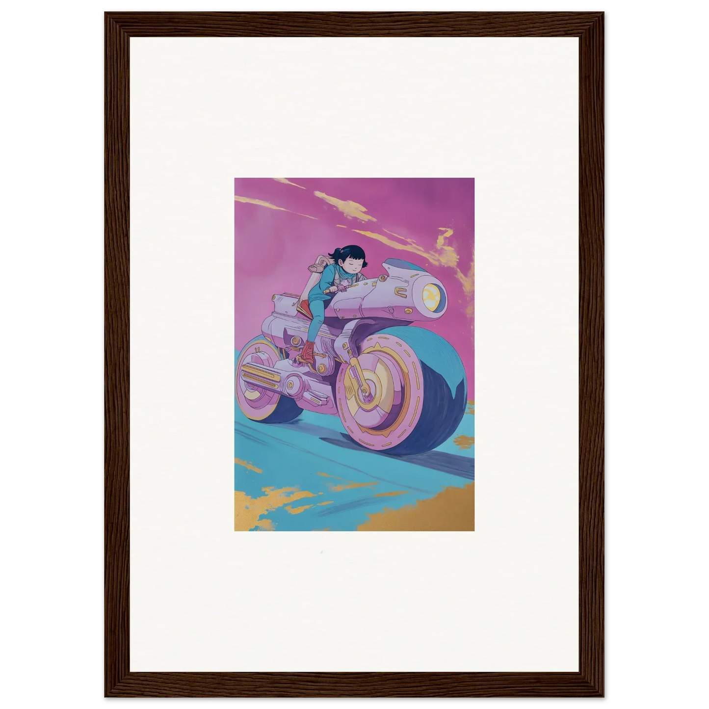 Stylized futuristic motorcycle in vibrant purple and blue for Chican Derby wall art