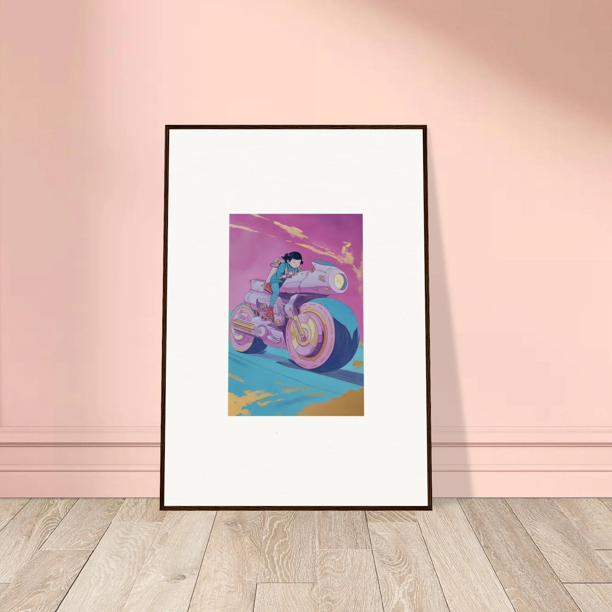 Framed wall art of a futuristic motorcycle rider for stylish room decor in Chican Derby