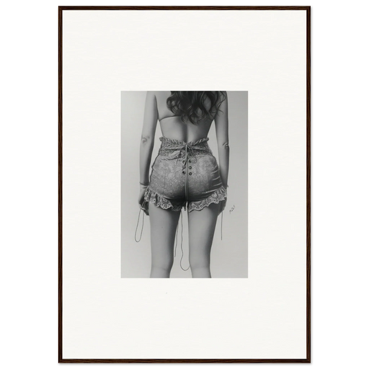 Black and white photo of a woman in denim shorts for retro enigma canvas print decor