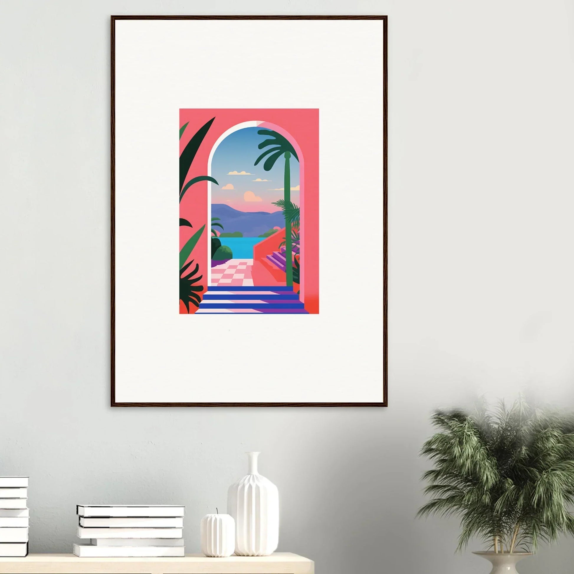 Framed artwork of a tropical archway with palm trees in Violet Oasis Solitude