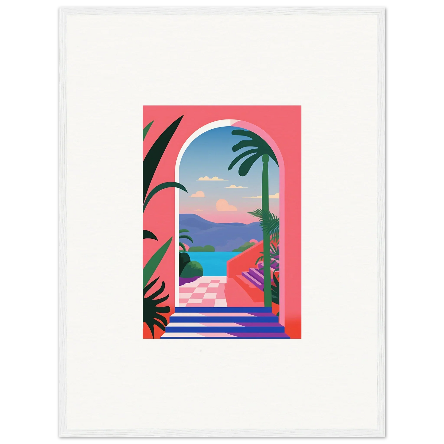 Colorful tropical seaside view through an arched doorway in Violet Oasis Solitude