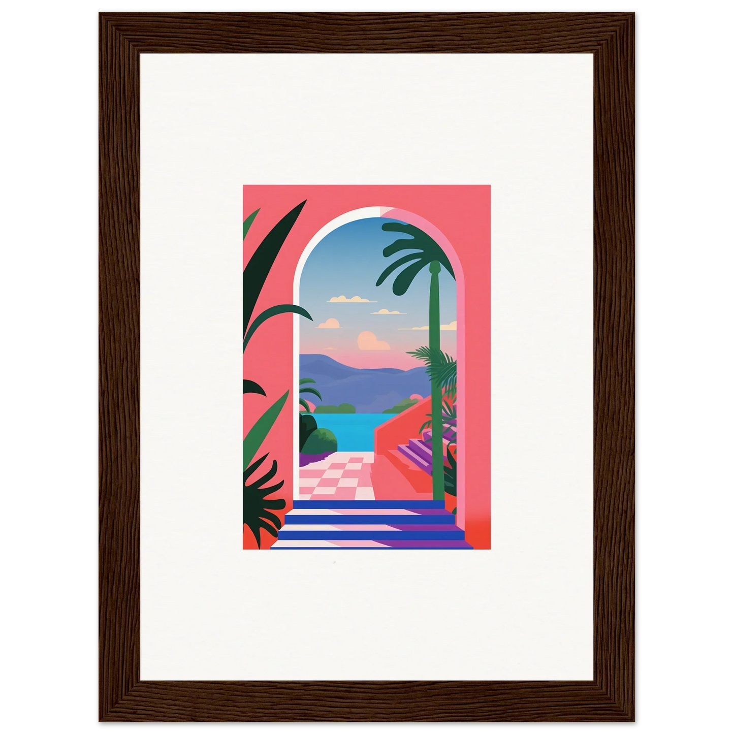 Framed colorful art of a tropical scene in Violet Oasis Solitude doorway