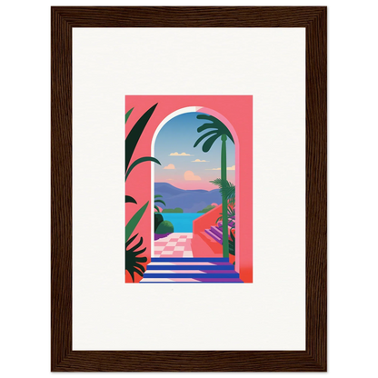 Framed colorful art of a tropical scene in Violet Oasis Solitude doorway