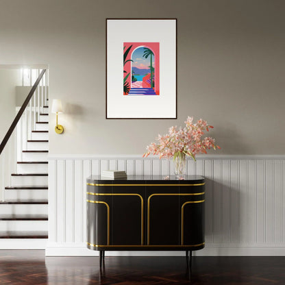 Framed colorful tropical artwork in Violet Oasis Solitude, showcasing an arched window