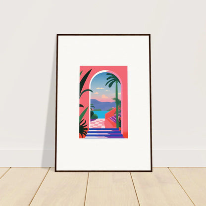 Framed Violet Oasis Solitude artwork of a tropical beach through an arched doorway