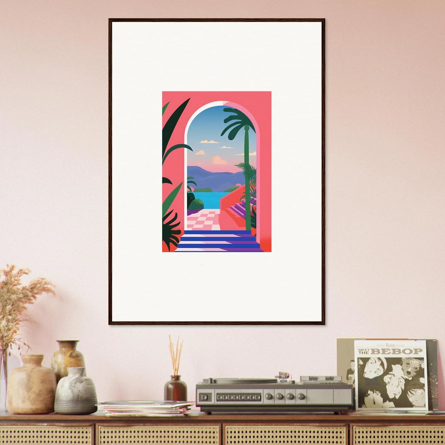 Colorful beach artwork in an arched frame, perfect for your Violet Oasis Solitude vibes