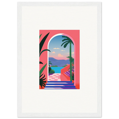 Colorful tropical landscape artwork in white frame from Violet Oasis Solitude