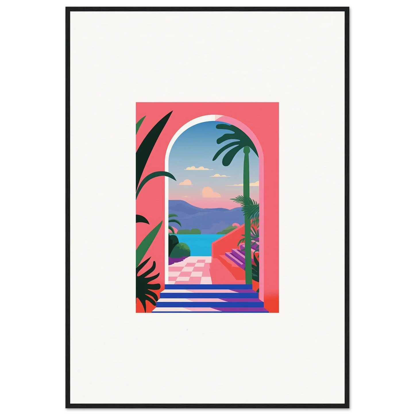 Vibrant tropical landscape illustration framed in Violet Oasis Solitude doorway