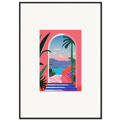 Vibrant tropical landscape illustration framed in Violet Oasis Solitude doorway