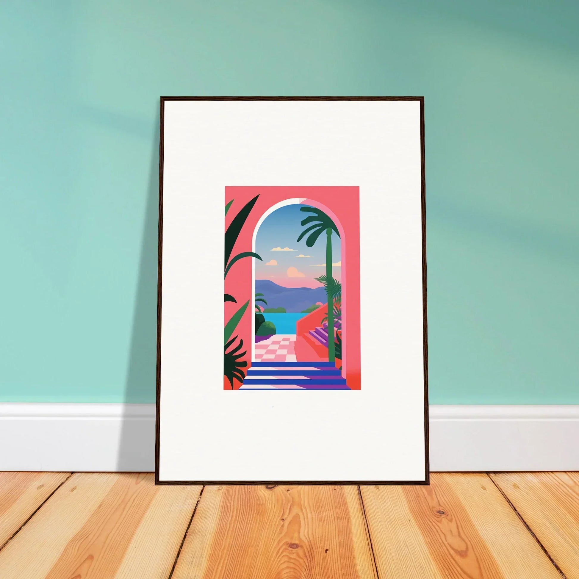 Framed Violet Oasis Solitude artwork of a tropical beach through an arched doorway