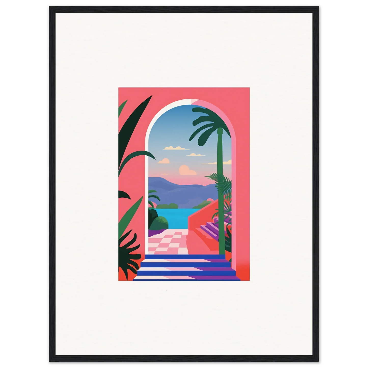 Colorful tropical landscape illustration framed in black for Violet Oasis Solitude