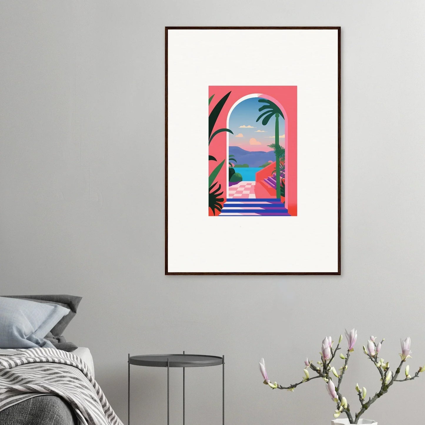 Framed artwork of a vibrant tropical scene in Violet Oasis Solitude