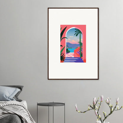 Framed artwork of a vibrant tropical scene in Violet Oasis Solitude