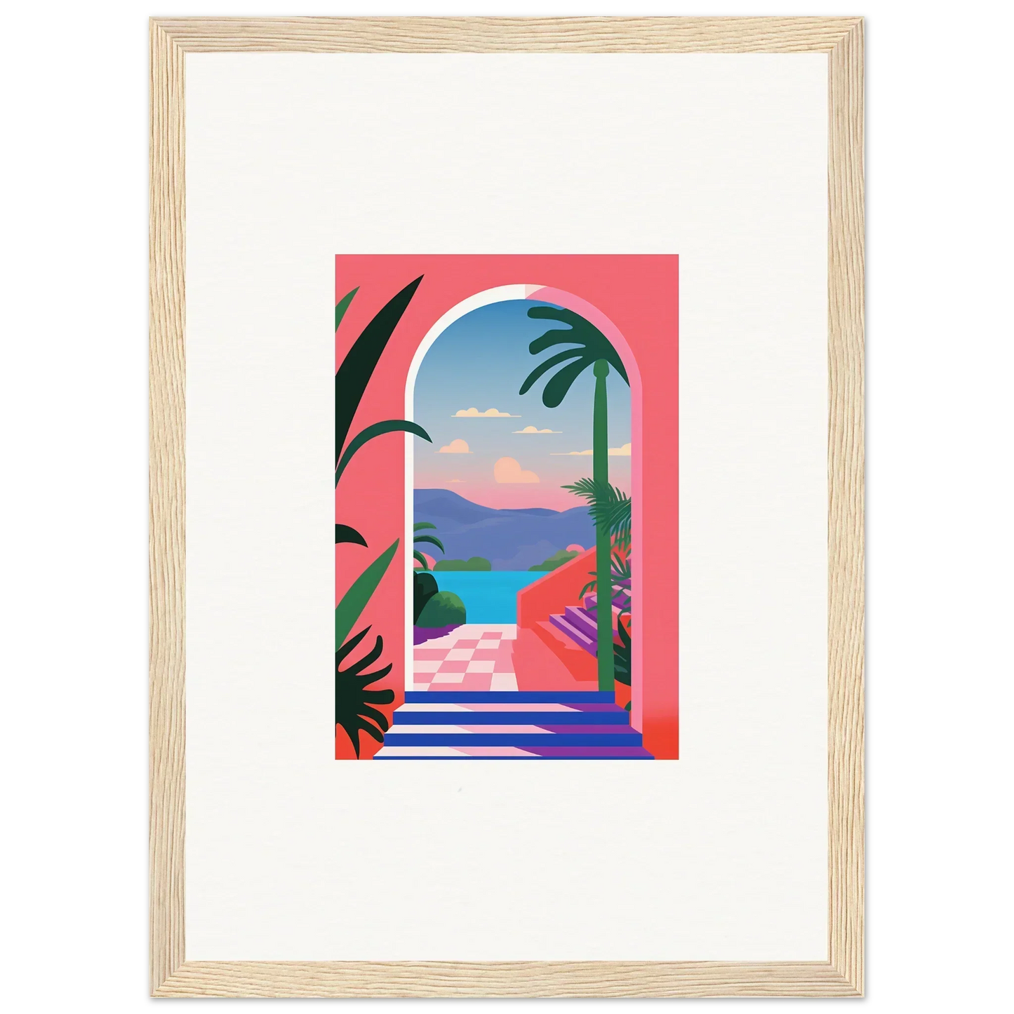 Framed colorful illustration of a tropical seaside view from the Violet Oasis Solitude