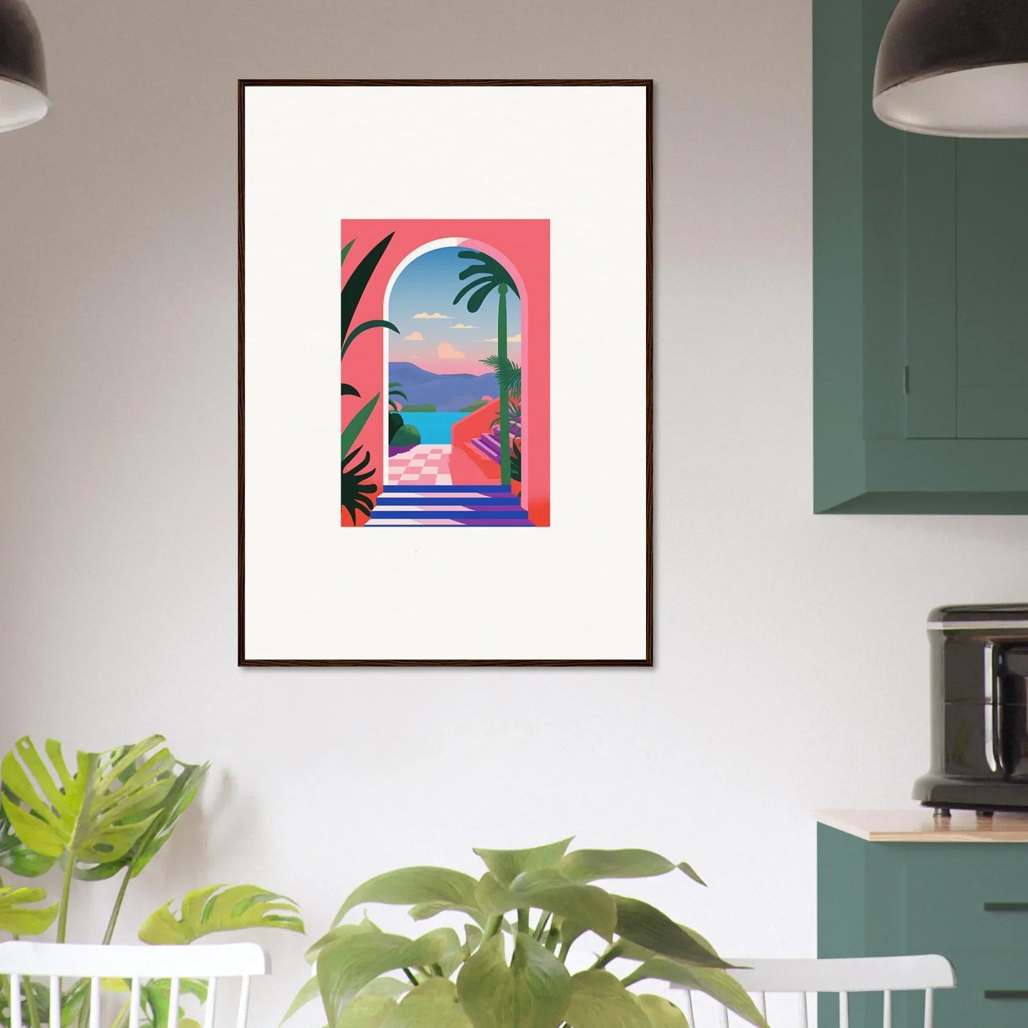 Framed colorful artwork of a tropical beach scene in Violet Oasis Solitude