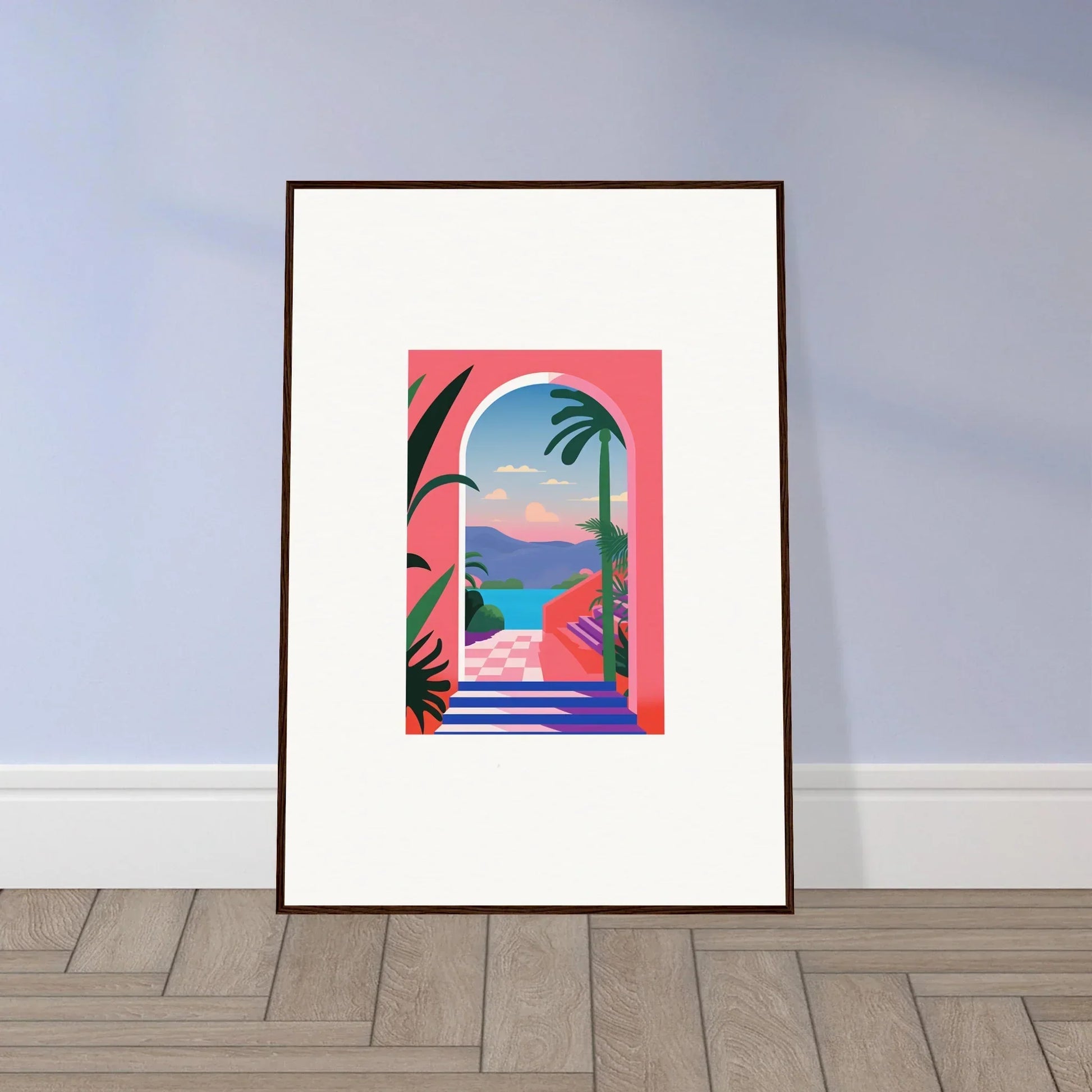 Framed artwork of a tropical beach in Violet Oasis Solitude with palm trees