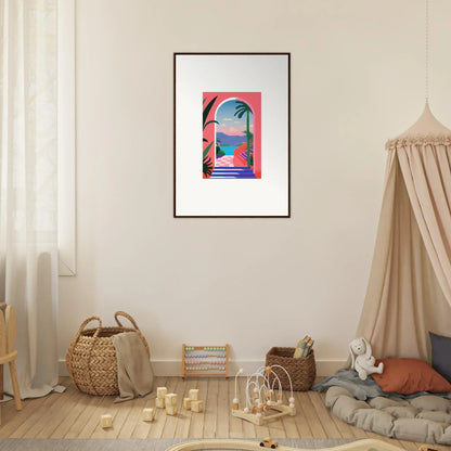 Framed colorful artwork of a tropical beach in Violet Oasis Solitude style