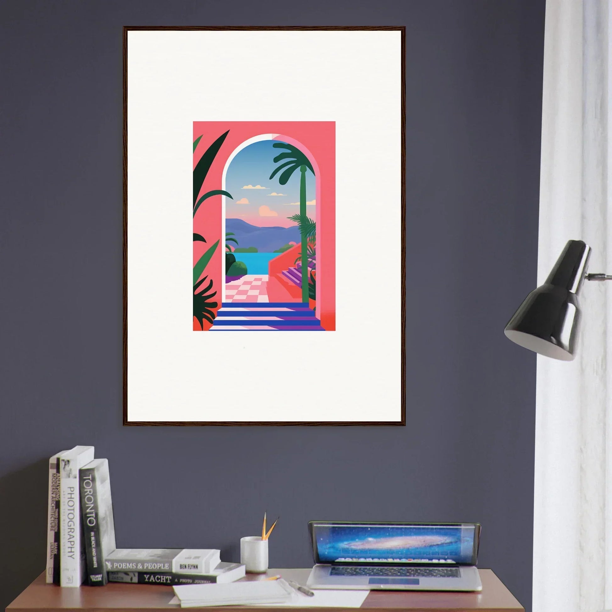 Framed Violet Oasis Solitude artwork with a palm tree and ocean view through an arch