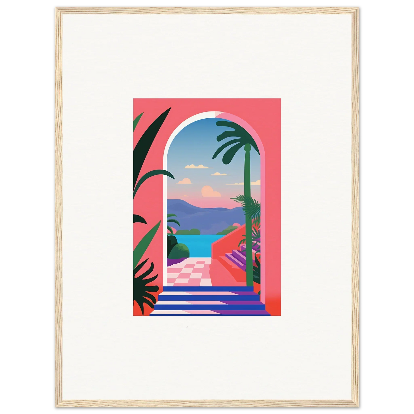 Colorful tropical landscape artwork in light wood frame for Violet Oasis Solitude