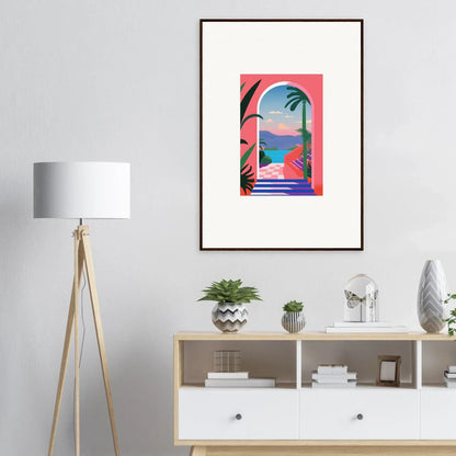 Framed artwork of Violet Oasis Solitude with a vibrant tropical landscape and arched window