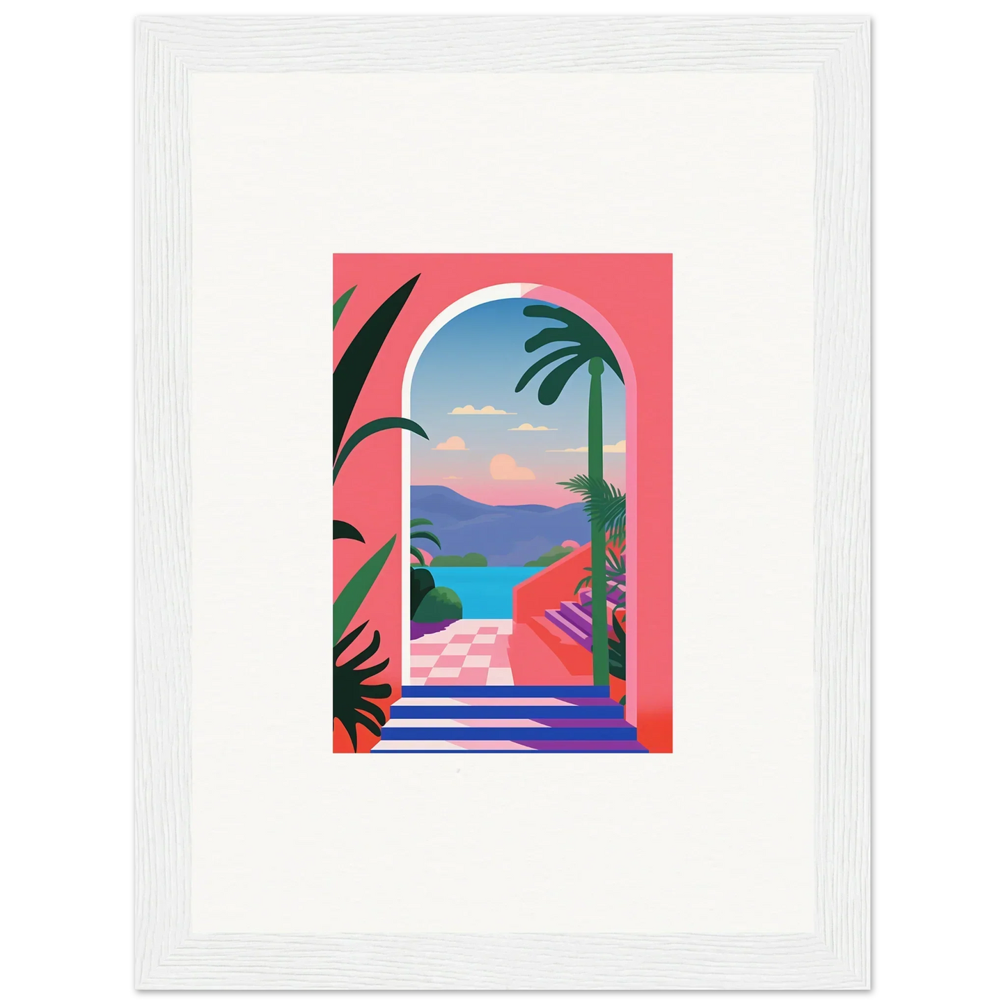 Colorful tropical landscape art, Violet Oasis Solitude, framed in white for a vibrant look