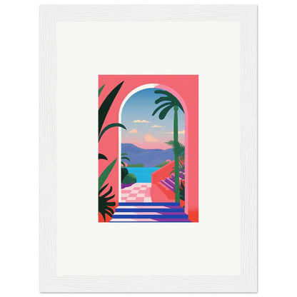 Colorful tropical landscape art, Violet Oasis Solitude, framed in white for a vibrant look