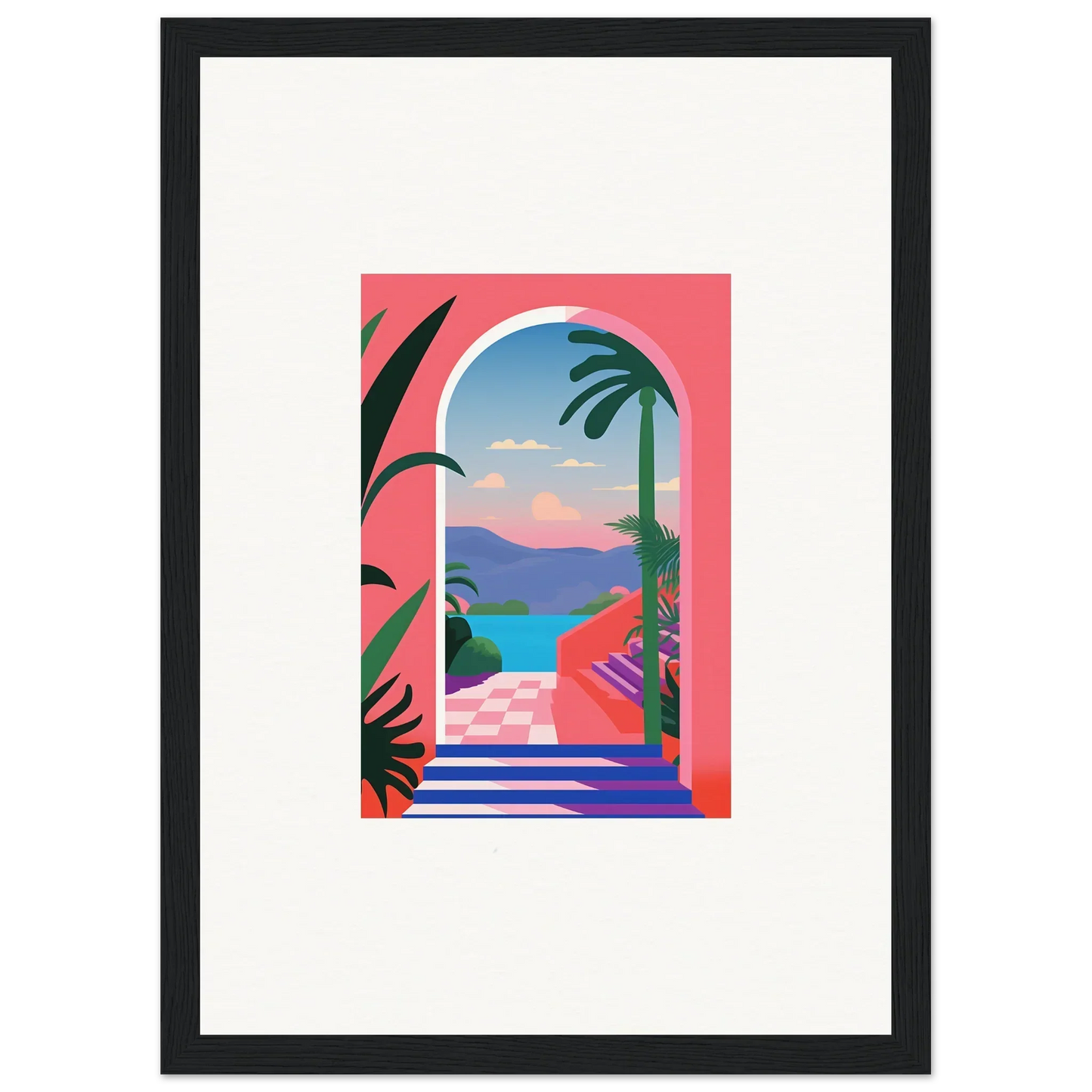 Colorful tropical seaside view from an arched window in Violet Oasis Solitude