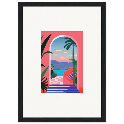 Colorful tropical seaside view from an arched window in Violet Oasis Solitude