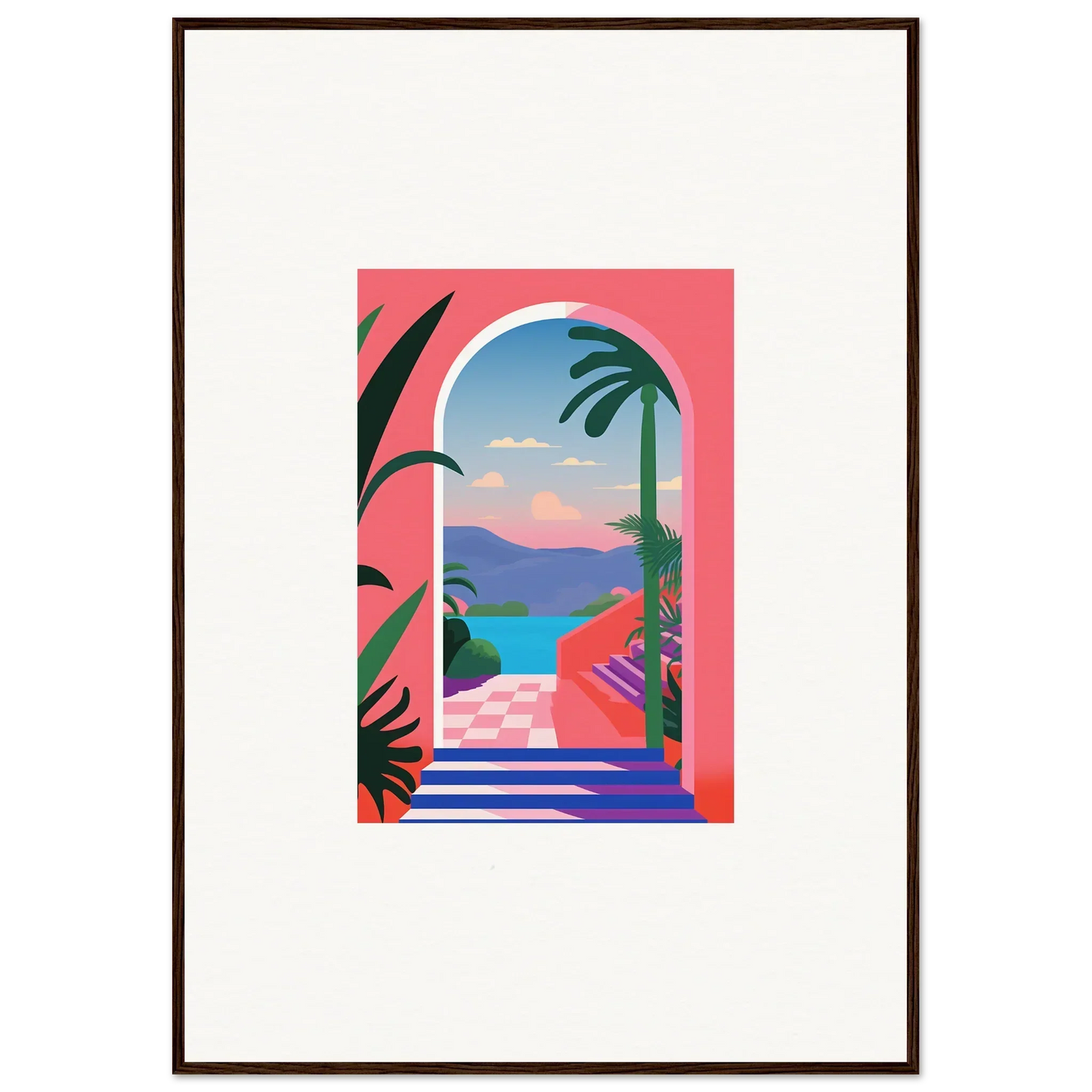 Colorful tropical landscape in an arched window of Violet Oasis Solitude art piece