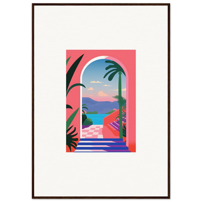 Colorful tropical landscape in an arched window of Violet Oasis Solitude art piece