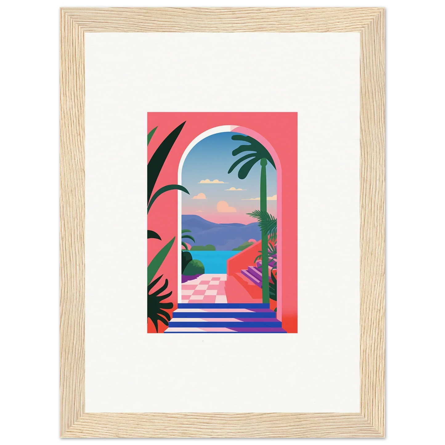 Colorful tropical landscape artwork in light wooden frame for Violet Oasis Solitude