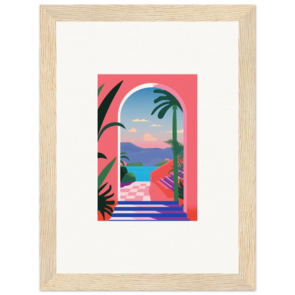 Colorful tropical landscape artwork in light wooden frame for Violet Oasis Solitude