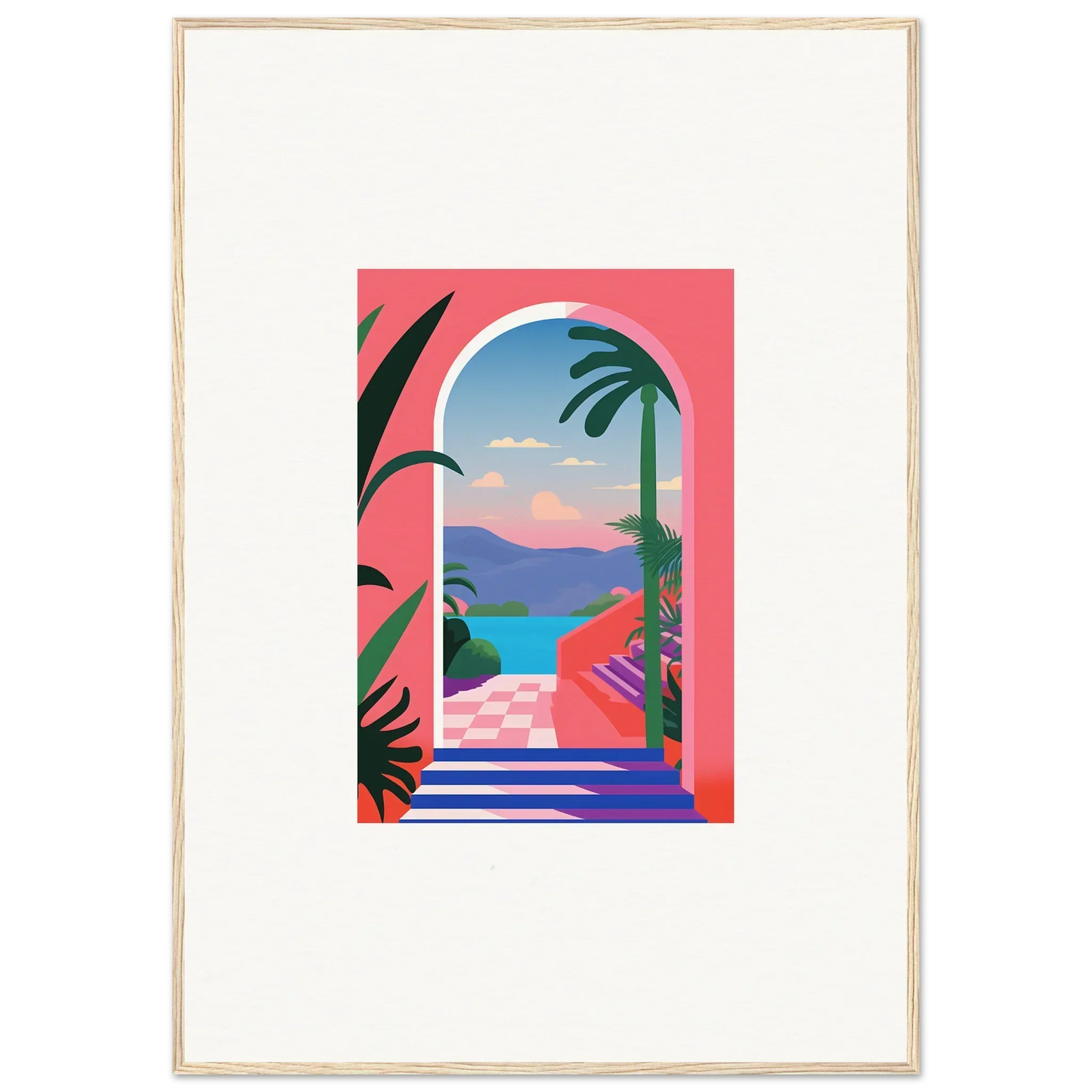 Colorful tropical landscape through an arched window in Violet Oasis Solitude