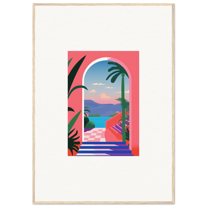 Colorful tropical landscape through an arched window in Violet Oasis Solitude