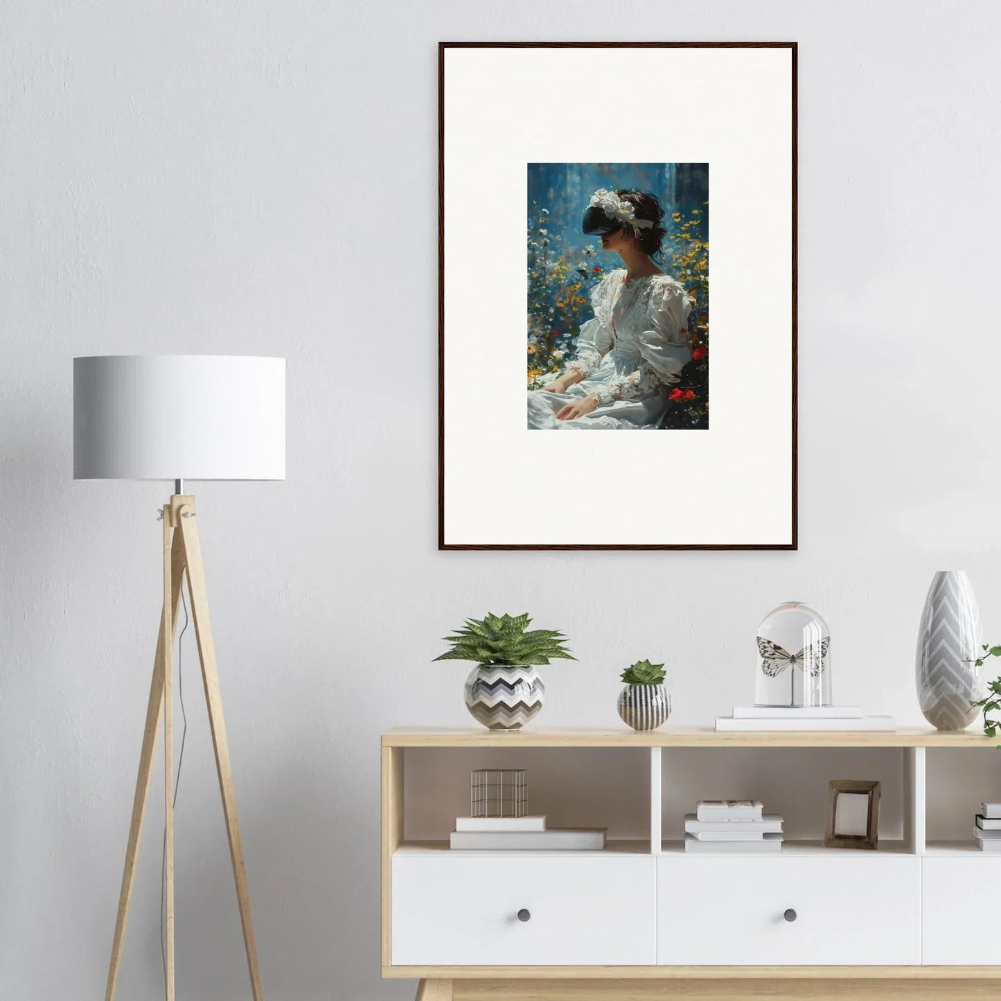 Framed canvas print of a person in white with flowers, perfect for your Bloom Reverie decor