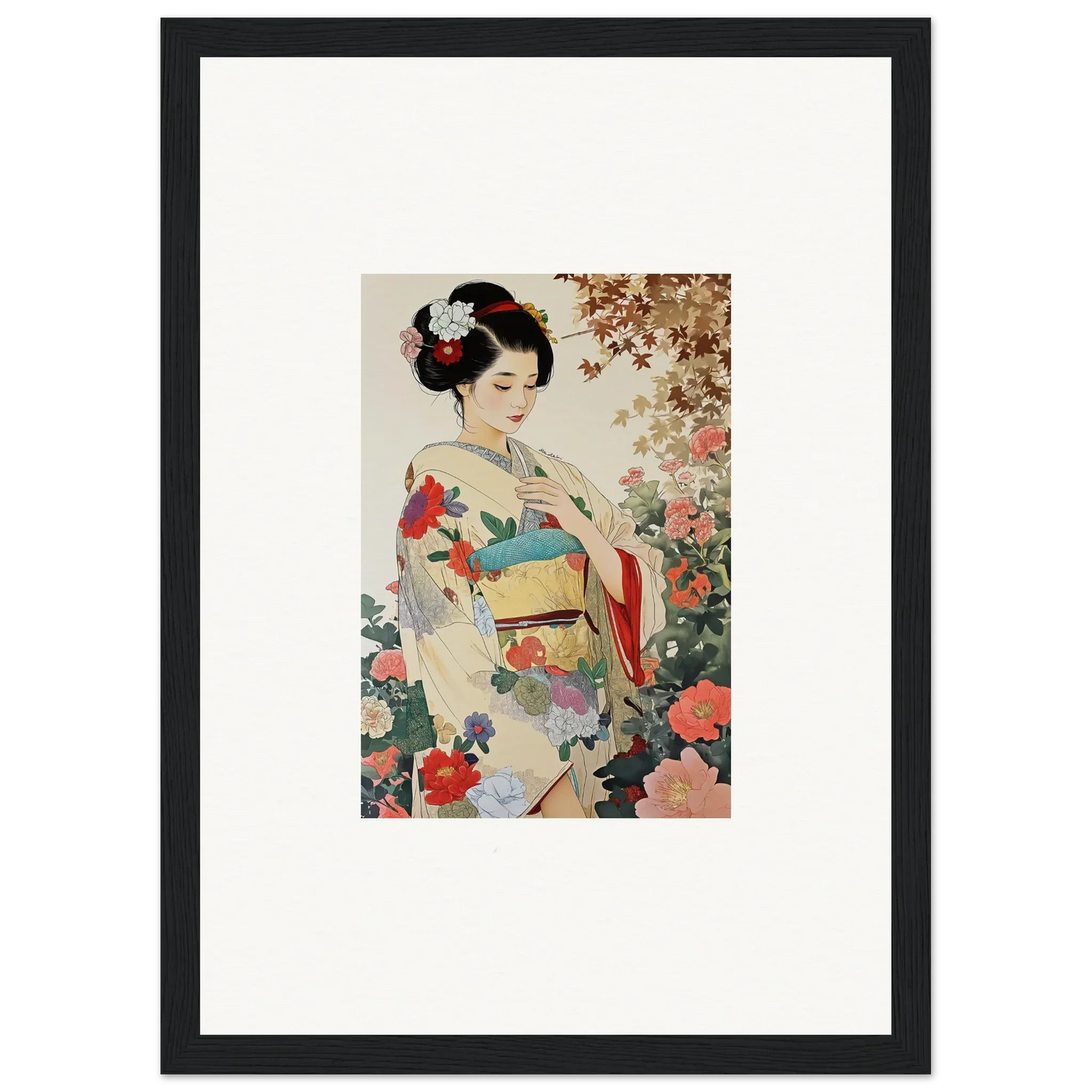 Framed wall art of a woman in a floral kimono from Virtuous Floral Serenade