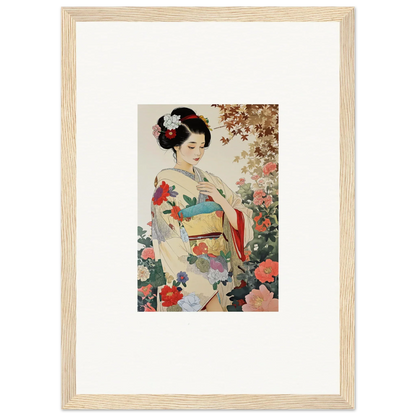 Framed wall art of a geisha in a floral kimono from Virtuous Floral Serenade