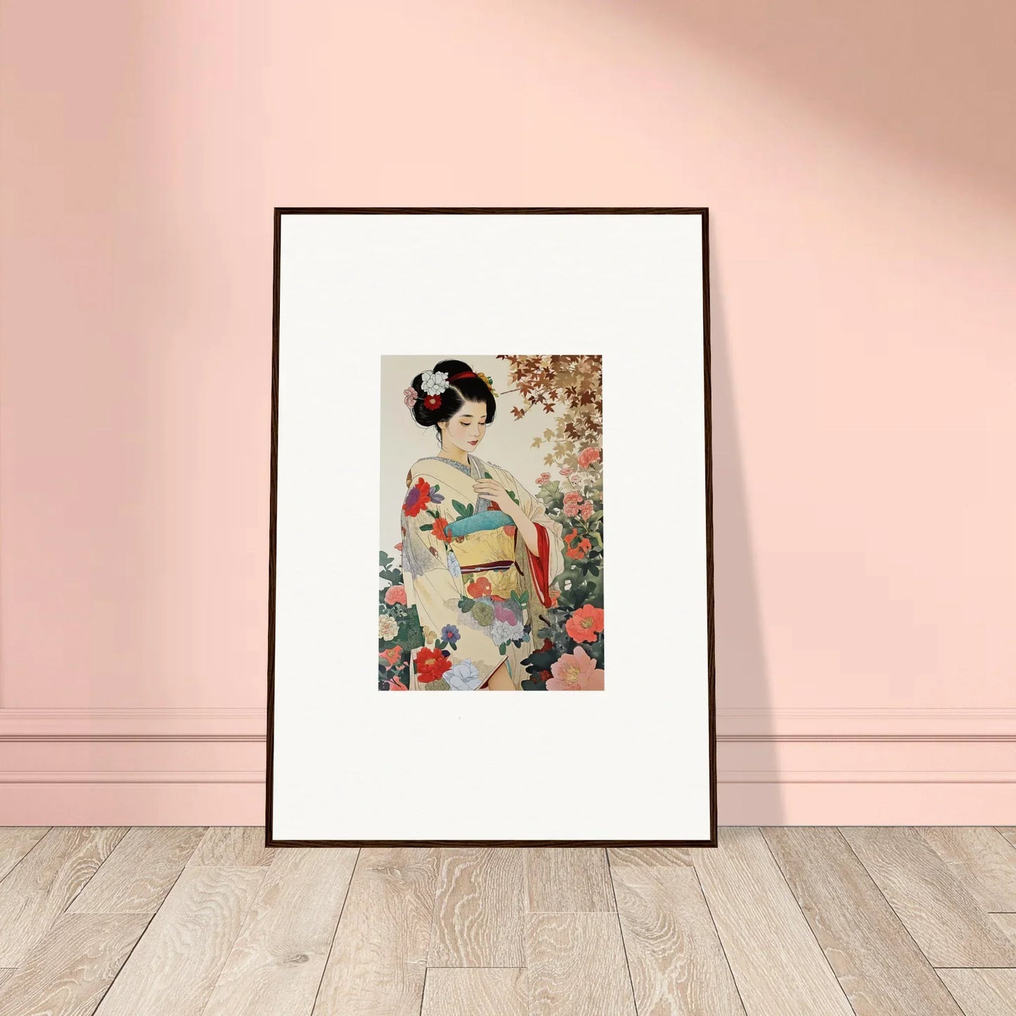 Framed Japanese Geisha artwork from Virtuous Floral Serenade with floral motifs