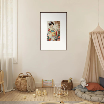 Framed Japanese Geisha art print on a beige wall, part of Virtuous Floral Serenade