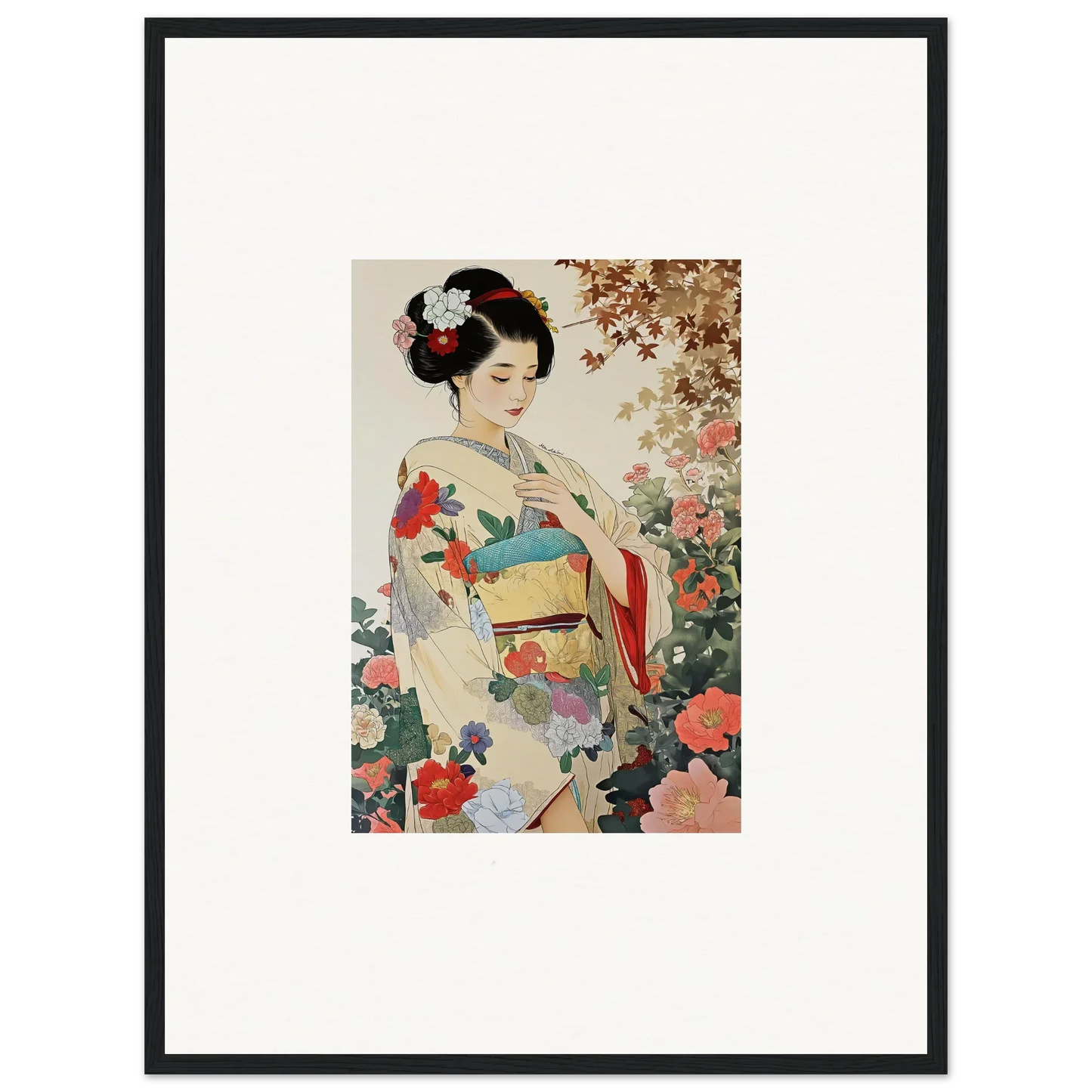 Traditional Japanese artwork of a woman in a floral kimono from Virtuous Floral Serenade