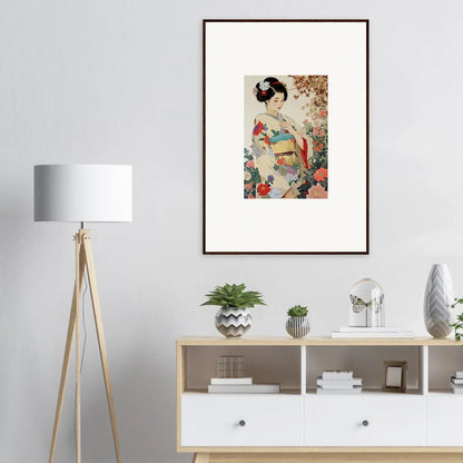 Framed wall art of a Japanese geisha in Virtuous Floral Serenade with floral motifs