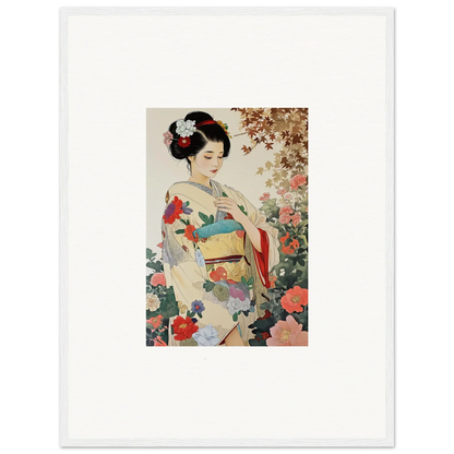 Traditional Japanese art print of a woman in a floral kimono, Virtuous Floral Serenade framed wall art