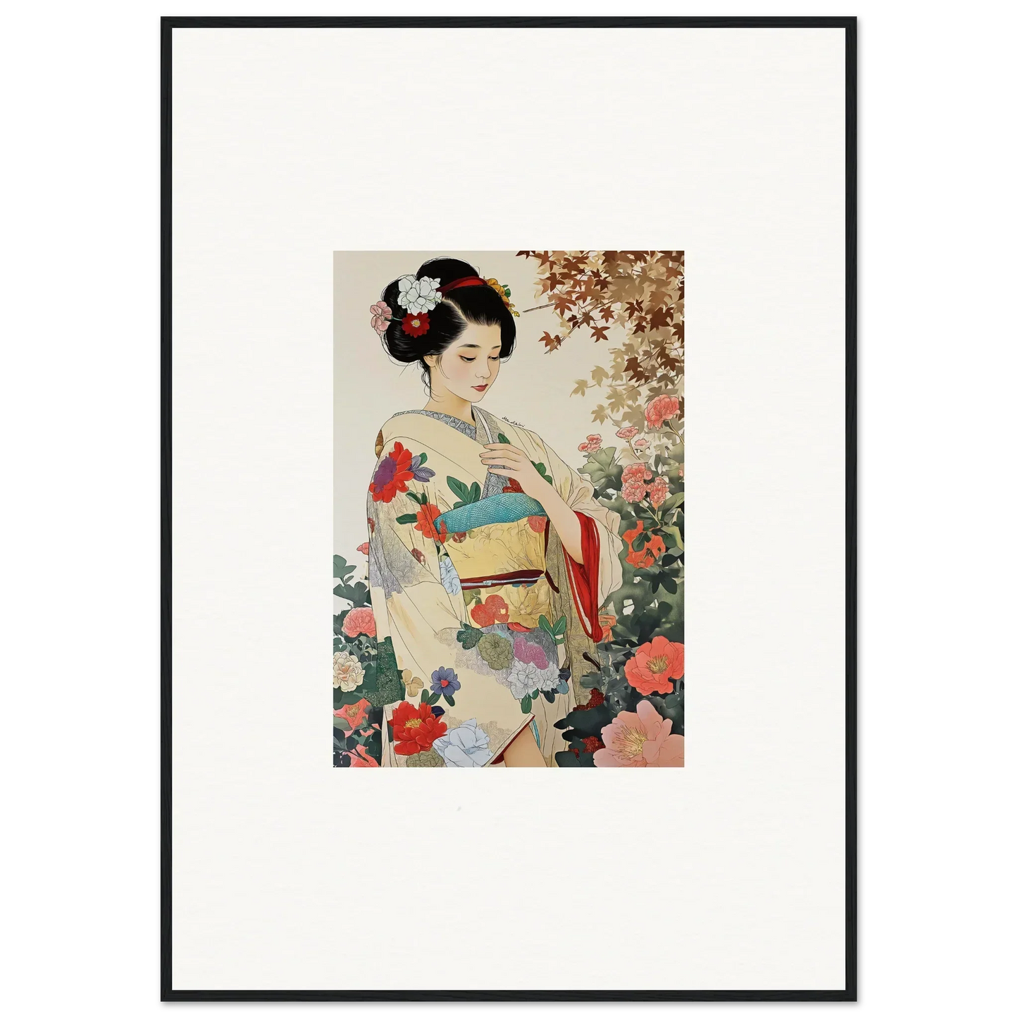 Traditional Japanese woman in a floral kimono, featured in Virtuous Floral Serenade art